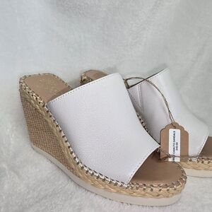 Vince Camuto White and Tan Wedge Sandals